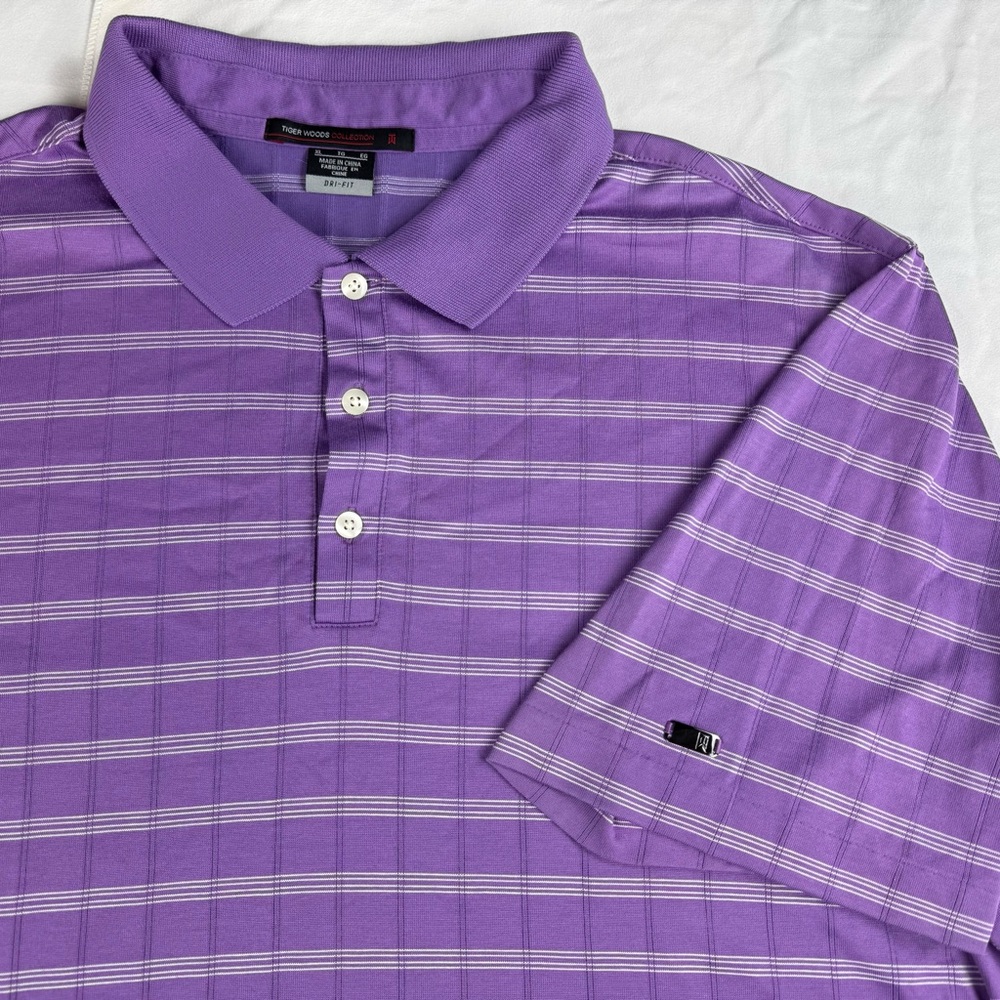 Nike Shirt Mens XL Purple Stripe TIGER WOODS Dri-Fit ADV Blade Collar Golf Polo